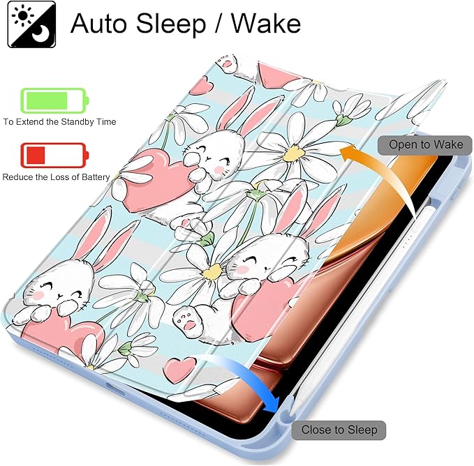 May Chen Case for iPad Air 13 Inch M4 2026 M3 2025 M2 2024 [Built-in Pencil Holder] Shockproof Cover with Clear Transparent Back Shell Auto Sleep/Wake Cover Heart Rabbits