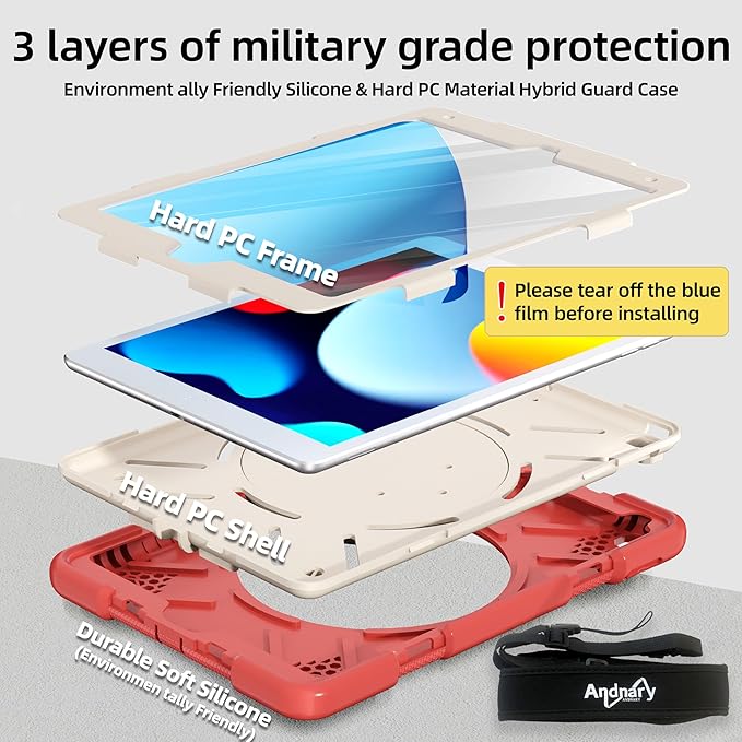 Case for iPad 9th/8th/7th Generation 10.2 inch Shockproof Cover with Screen Protector/360° Rotate Stand/Pencil Holder/Shoulder Strap Kids Case for iPad 2021/2020/2019 (Orange Pink+White)