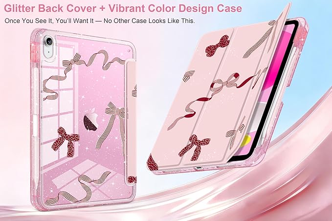 MEEgoodo Case for iPad A16 11th Generation 2025/10th Generation 2022 Glitter Tablet Cases with Transparent Acrylic Back+Trifold Stand +Pencil Holder+Auto Wake/SleepSimple Striped &amp Dots Bow