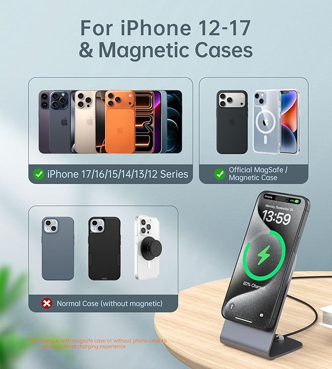 Magnetic Wireless Charger for iPhone 17/16/15/14/13/12 - Mag Charger+20W USB C Adapter Fast Wireless Charging Stand/Pad with 5ft Cable for iPhone 17/16/15/14/13/12 Pro Max Plus Mini 17 AirGray