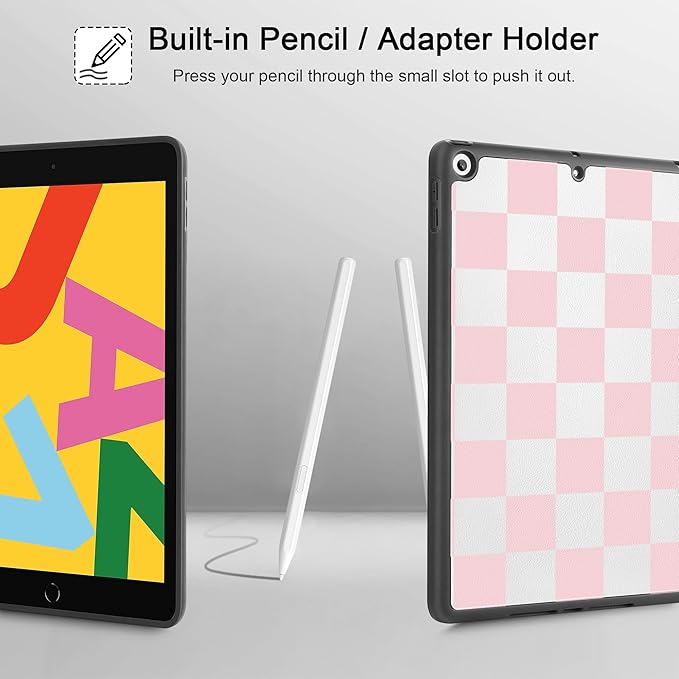 Tuiklol Case for iPad 10.2 Inch 2021 2020 2018 Release 9th / 8th / 7th Generation Built-in Pencil Holder TPU Protective Stand Back Cover Trifold Stand-Auto Wake/Sleep Lattice Pink