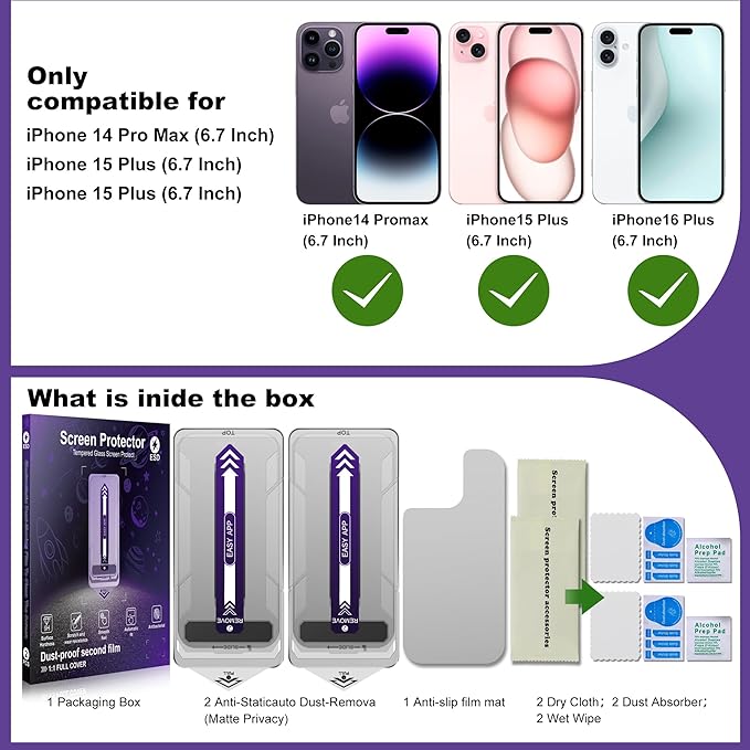 2-Pack Matte Privacy Screen Protector for iPhone 14 Pro Max/15 Plus/16 PlusAnti-Glare &amp 25°Anti-SpyAnti-ReflectionAnti-FingerprintAuto Dust RemovalEasy Installation