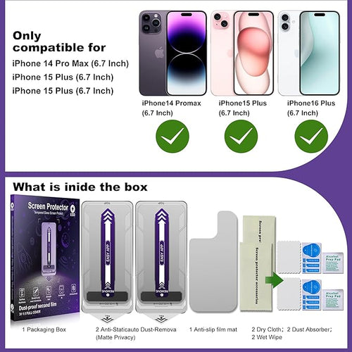 2-Pack Matte Privacy Screen Protector for iPhone 14 Pro Max/15 Plus/16 PlusAnti-Glare &amp 25°Anti-SpyAnti-ReflectionAnti-FingerprintAuto Dust RemovalEasy Installation