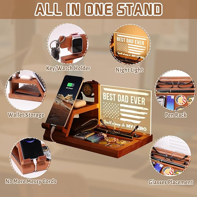 Attivolife Gifts for Dad Men Husband LED Phone Docking Station Desk Organizer Cell Phone Stand with Night Light Best Dad Ever Gift for Father's Day Key Holder Stand for Wallet Watch Essentials