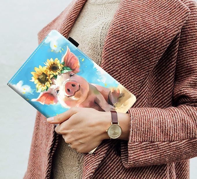 Case for Amazon Kindle Fire 7 Tablet (7 9th/7th Generation 2019/2017 Release) Slim PU Leather Cover with Card Slot &amp Auto Wake/Sleep Watercolor Art Cute Pig