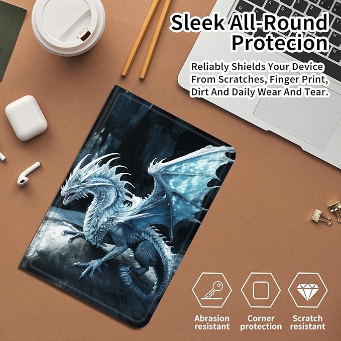 DIGTIALLL Case for Amazon Kindle Fire 7 Tablet Case (12th Gen 2022 Release) PU Leather Smart Protective Cover with Auto Sleep/WakeBlue Dragon with Wings