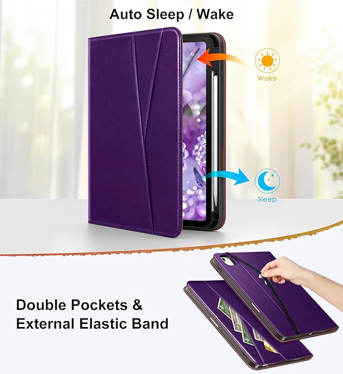 DTTO for iPad Air 11 inch Case M4 / M3 / M2 (2026/2025/2024) iPad Air 5th / 4th Gen (2022/2020) 360 Degree Rotating Premium Leather Folio Stand Cover with Pencil Holder Dark Purple