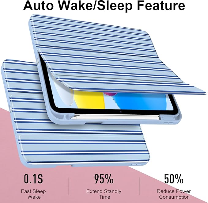 Case for iPad A16 11th Generation 11 inch 2025 iPad 10th Generation 10.9 inch 2022 -[Built-in Pencil Holder] Shockproof Clear Hard Back Trifold Stand Auto Wake/Sleep Blue Stripes