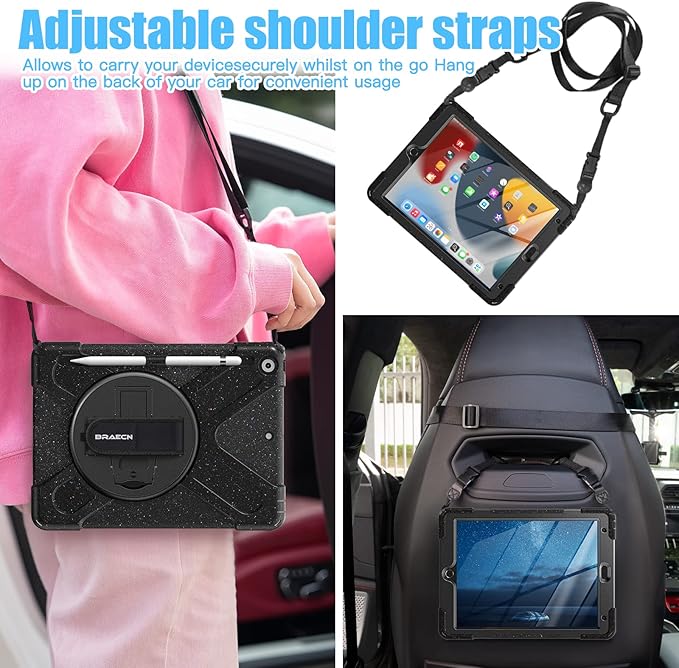 BRAECNstock Case for Apple iPad 9th/ 8th/ 7th Generation 10.2 inch 2021/2020/2019 Shockproof Protective Kids Case with Screen Protector Pen Holder Rotating Stand+Hand Strap Carnival Night Black