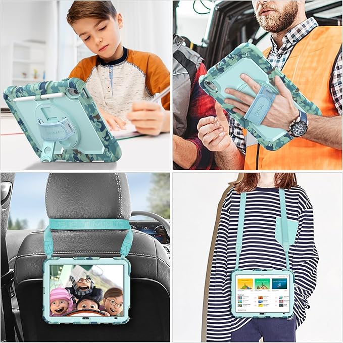 SEYMAC stock Case for iPad (A16) 11th/10th Generation 11''/10.9'' 2025/2022 Full-Body Drop Protection Case with Screen Protector &amp360° Rotate Hand Strap/Stand SkyBlue Camo