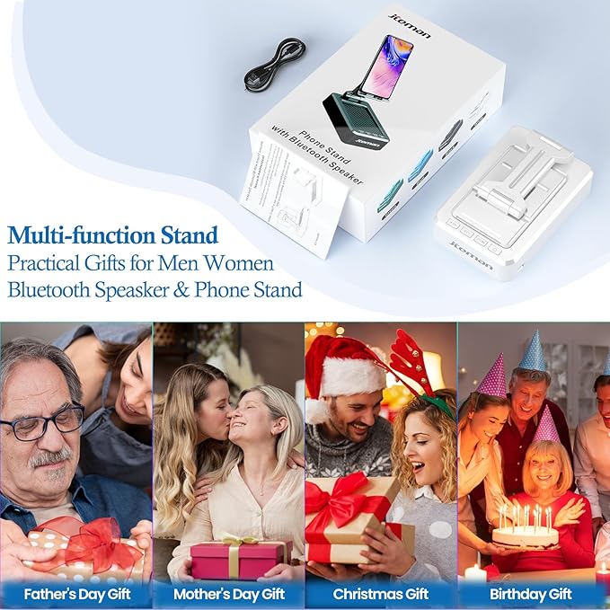 JTEMAN Portable Phone Stand with Speaker Bluetooth WirelessGifts for Men WomenBirthday for WomenKitchen Gadgets for MenPhone Holder for Desk - White