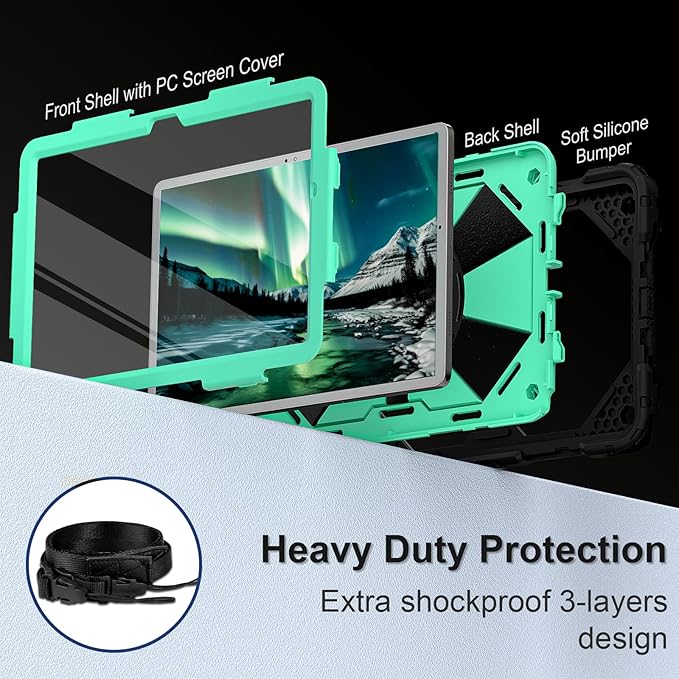 for Galaxy Tab A11+ Plus/A9+ Case 11” Rugged Case for Samsung Galaxy A9 Plus/A11+ Tablet with 360 Rotating Stand Screen Protector Shoulder Strap Pen Holder 2025/2023 Model Black Mint