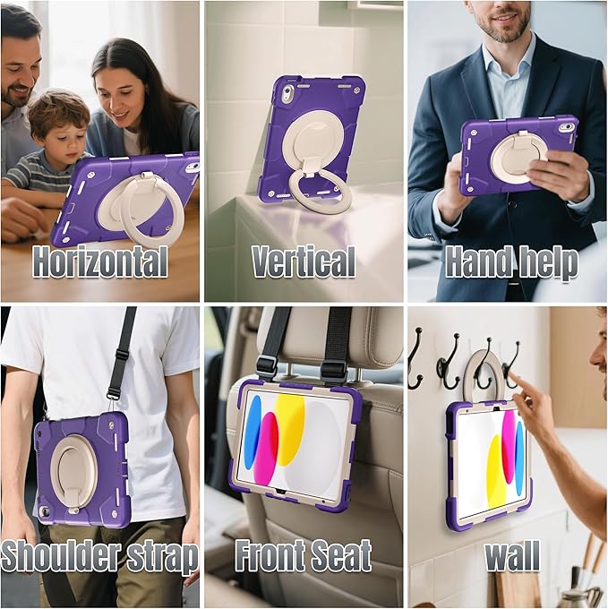 Case for iPad (A16) 11th /10th Generation 11/10.9 Inch 2025/2022 with Screen Protector/360° Rotate Stand/Shoulder Strap/Pencil Holder Shockproof iPad 11th/10th Gen Cover (Purple+White)