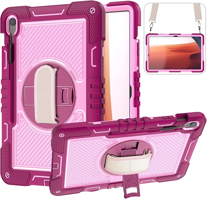 Shockproof Case for Samsung Galaxy Tab S10 FE+/FE Plus 13.1 Tablet with Shoulder Strap Techcircle Heavy Duty Rotating Kickstand Rugged Defender Case w/Adjustable Hand Strap Rose+Pink