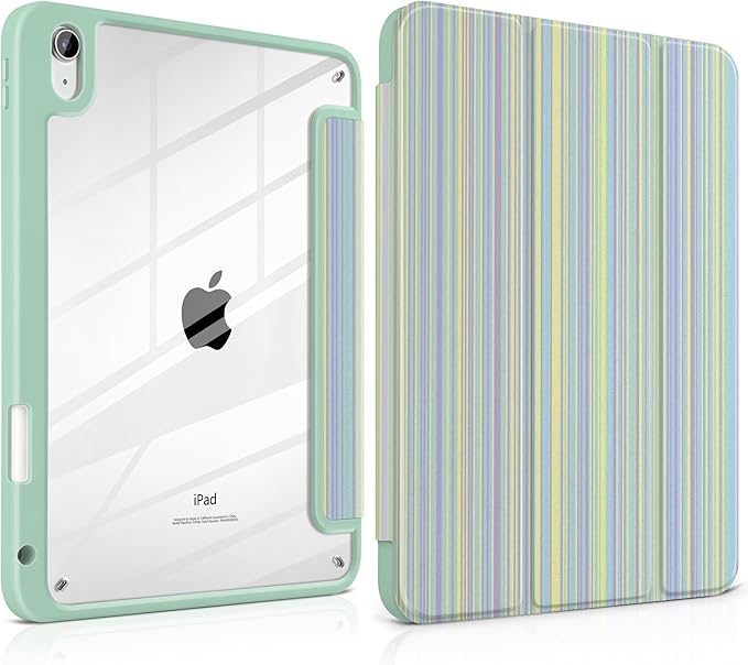Case for iPad (A16) 11th Generation 11 inch 2025 /iPad 10th Gen 10.9 2022 - Aesthetic Cute Preppy Design Trifold Cover with Soft TPU Bumper Clear Back Auto Sleep/Wake Lines Green