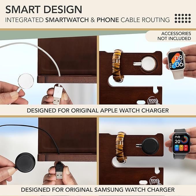 Nightstand Organizer- Bedside Docking Station for Men- Unique Gifts for Husband Father or Dad from Wife Son or Daughter- Desk Organizer for Phone Watches Wallet &amp Accessories (Brown)