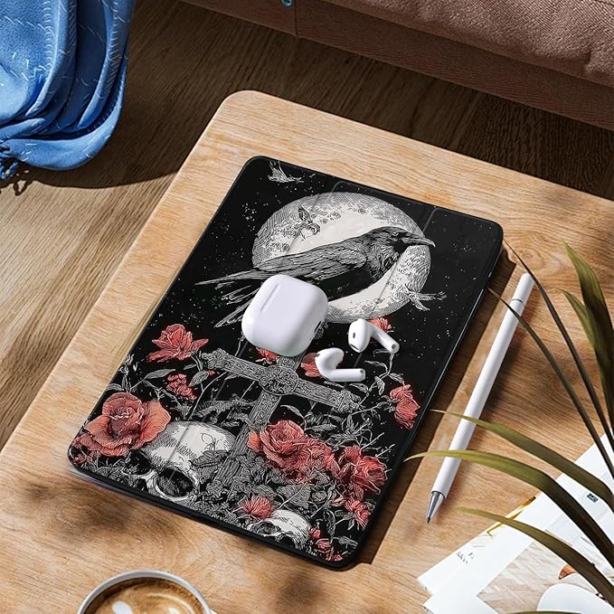 Red Rose Skull Case for Ipad Pro 11 Inch 2024 Vintage Gothic Flower Cover Funny Print Shell Auto Sleep/Wake Anti-Slip Shockproof Cover with Clear Back Shell &amp Pencil Holder(Girls Women)