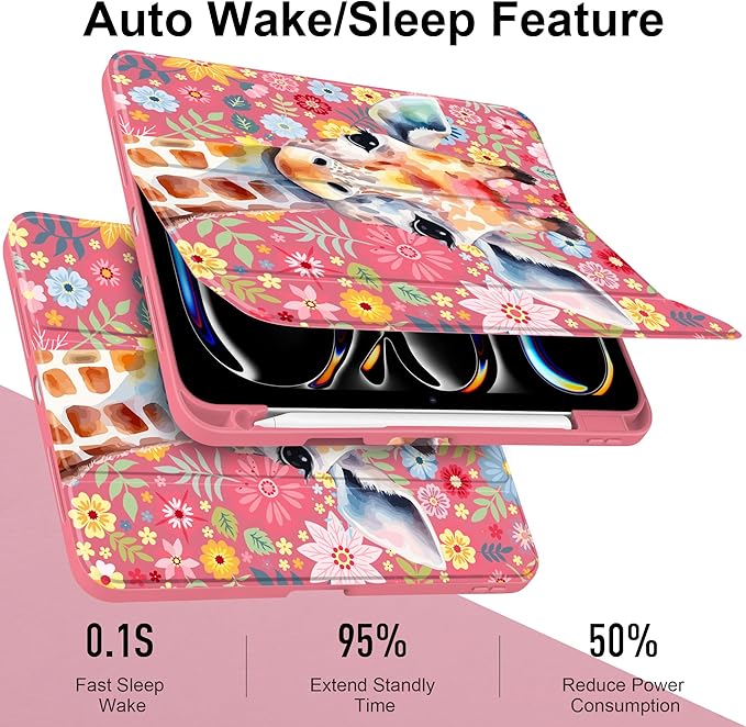Case for iPad Pro 13 inch (M5) 2025 (M4) 2024 Release Slim Lightweight Cute Hot Pink Cover with Clear Back TPU Edge Pencil Holder Trifold Stand Giraffe