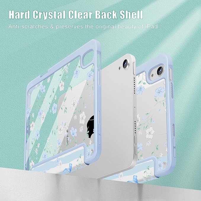 May Chen Slim Case for iPad mini 7 (A17 Pro 7th Generation) 2024 / iPad mini 6 (6th Gen) 8.3 Inch [Built-in Pencil Holder] Shockproof Cover Clear Clear Back Shell Auto Wake/Sleep Flower Blue Waves