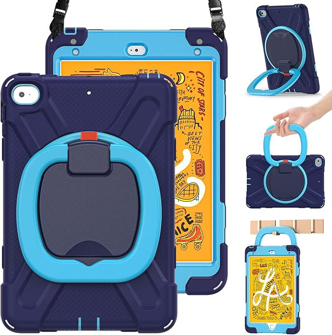 BRAECN Case for iPad mini 5th/4th Generation-Heavy Duty Full Body Protective Rugged Case with Pencil HolderKickstandHand GripCarrying Holder for iPad mini 5(2019)Mini 4(2015) 7.9 Inch Navy+Blue