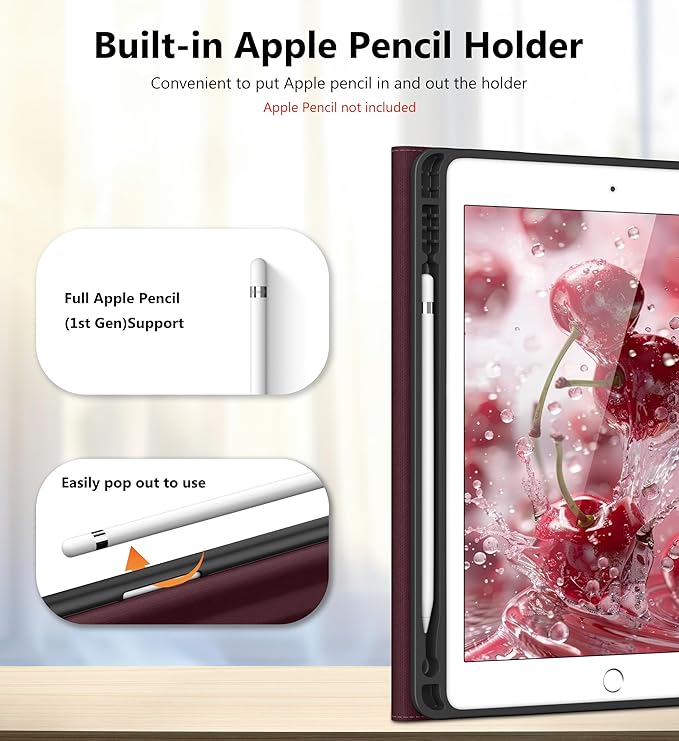 DTTO for iPad 6th / 5th Generation 9.7 Inch (2018/2017) iPad Air 2 / Air 1 Case 360 Degree Rotating Premium Leather Folio Stand Cover with Pencil Holder Burgundy Red