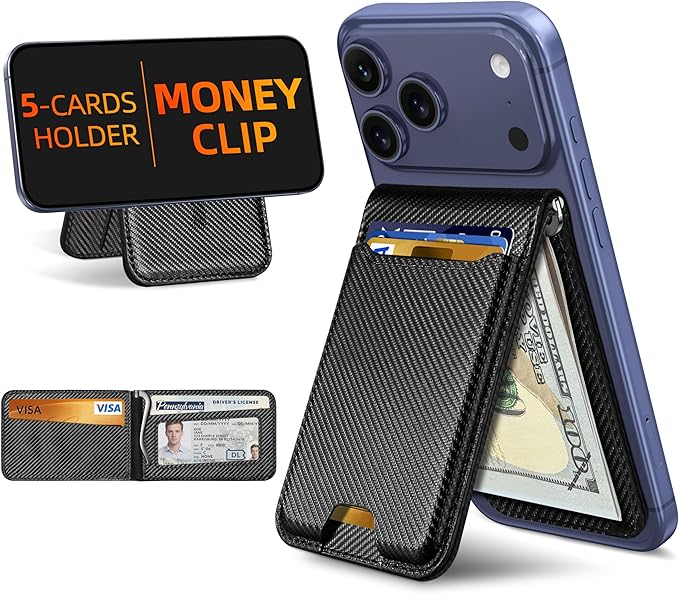 For Magsafe Wallet with Money Clip Strongest Magnetic Wallet for iPhone 17/16/15/14/13/12 Series Adjustable Stand ID Window 5 Card Holder Vegan Leather Not for 13/12 Mini Black Carbon Fiber