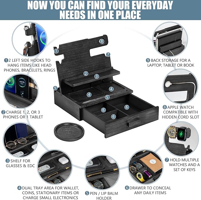 Black Wood Phone Docking Station for up to 3 Phones - Nightstand Organizer with Drawer for Valuables for Men &amp Women Compatible With Apple Watch Holds Phones Tablets Keys Rings Glasses EDC