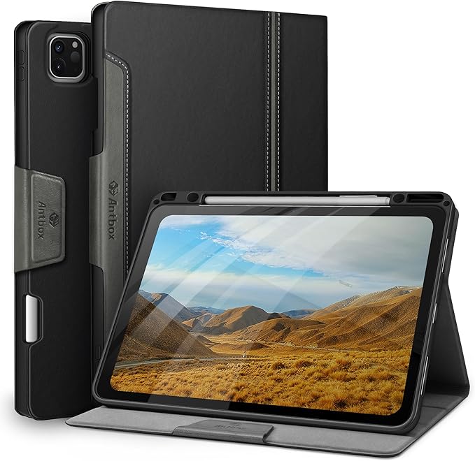 Antbox Case for iPad Pro 12.9'' 6th Generation (2022) 5th/4th/3rd Generation (2021/2020/2018) Built-in Pencil Holder Auto Sleep/Wake Function PU Leather Smart Cover (Black)