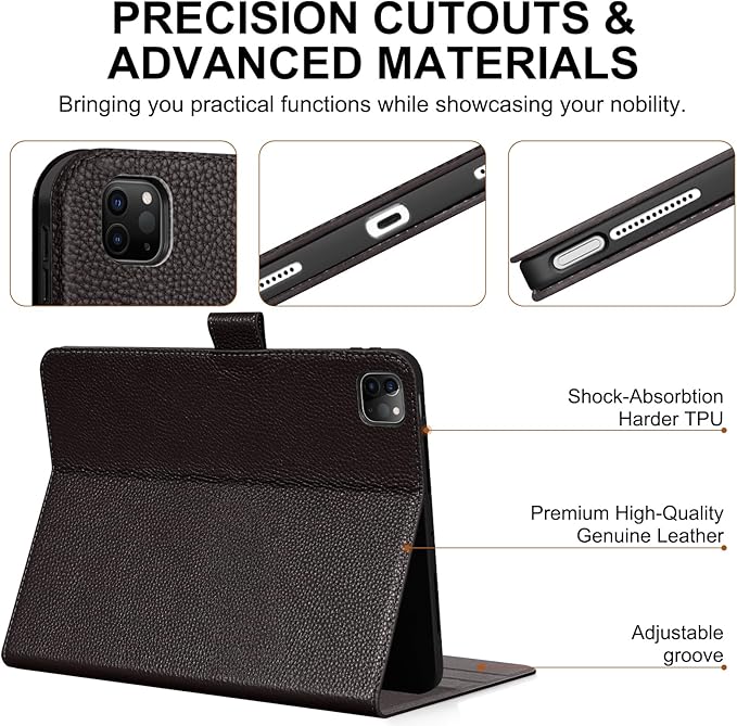 Genuine Leather Case for iPad Pro 11 Inch 4th/3rd/2nd/1st Generation 2022/2021/2020/2018 | with Pencil Holder and Adjustable Stand Magnetic Closure Auto Wake/Sleep Cover | Dark Brown