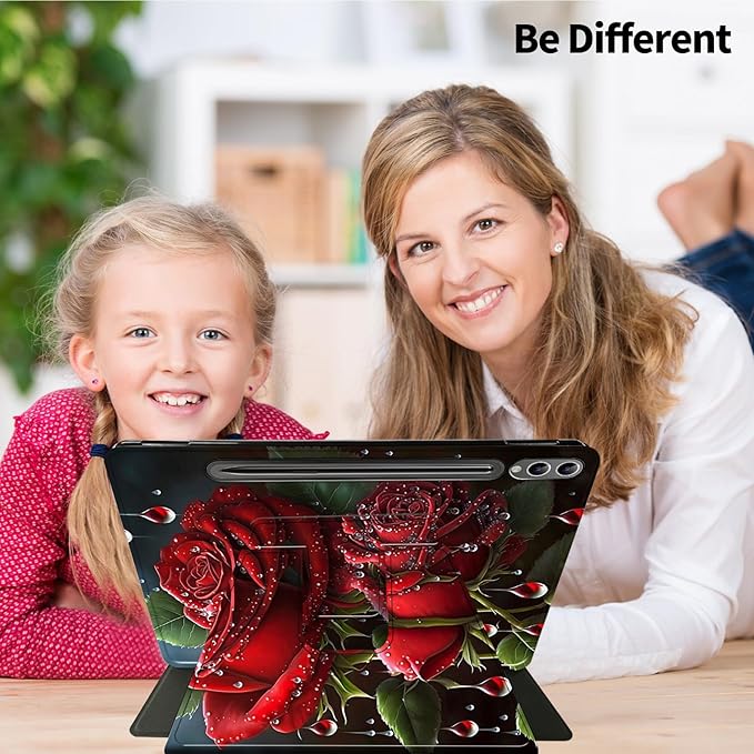 Case for Samsung Galaxy Tab S10 Plus/S9 FE Plus 12.4 with S Pen Holder-360 Rotating Multi-Angle Viewing Protective Cover with Auto Sleep/Wake for S9 Plus-Red Rose