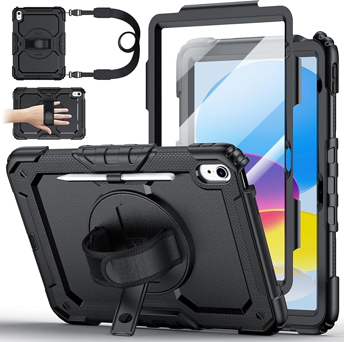 Case for iPad (A16) 11th Generation 11 Inch (2025) Ubearkk for iPad 10th Generation 10.9 inch 2022 case with Screen Protector 360 Degree Rotating Stand/Adjustable Shoulder Strap/Pencil Holder Black