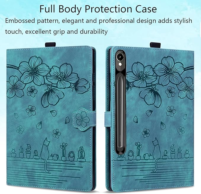 Case for Samsung Galaxy Tab S10 FE+/S10 FE Plus 13.1 Inch 2025 (SM-X620/SM-X626B) with Pencil Holder/Pockets Folio Stand Embossed Cherry Blossom PU Leather Magnetic Wallet Cover Green Cat
