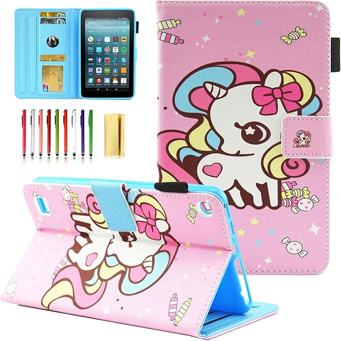 7.0 inch All-New Amazon Kindle Fire 7 Tablet Case 9th/7th/5th Generation (2019/2017/2015 Release) with Stand Pencil Holder [Auto Wake/Sleep] PU Leather Folio Smart Cover Pink Candy Unicorn