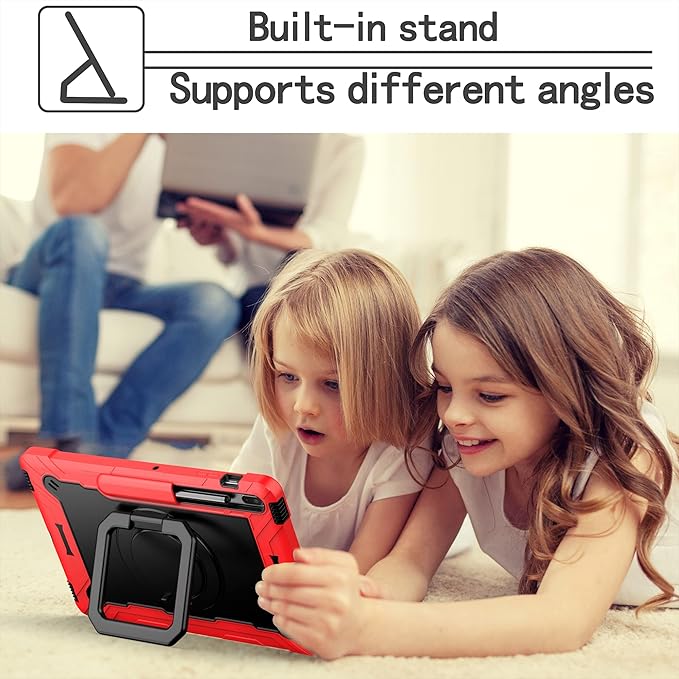 Stand Case for Samsung Galaxy Tab S8 Plus 2022/Tab S7 FE 5G 2021/Tab S7 Plus 2020 Case 12.4 inch 360 Degree Rotating Kickstandwith Hand/Shoulder Strap Rugged Shockproof Cover Red &amp Black