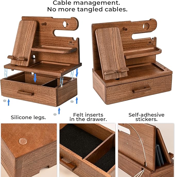 TESLYAR Wood Phone Docking Station with Drawer - Nightstand Organizer - Desk Organizer for Husband - Birthday Gifts for Men Dad Anniversary Idea Key Holder Stand Watch &amp Accessories (Earth Beig