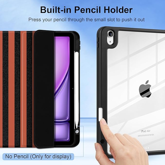 DONGKE Case for iPad Air 11-inch M4 2026 &amp M3 2025 &amp M2 2024 iPad Air 5th/4th Generation 10.9 2022/2020 [Built-in Pencil Holder] Clear Acrylic Back Trifold Stand Smart Cover Orange Stripes
