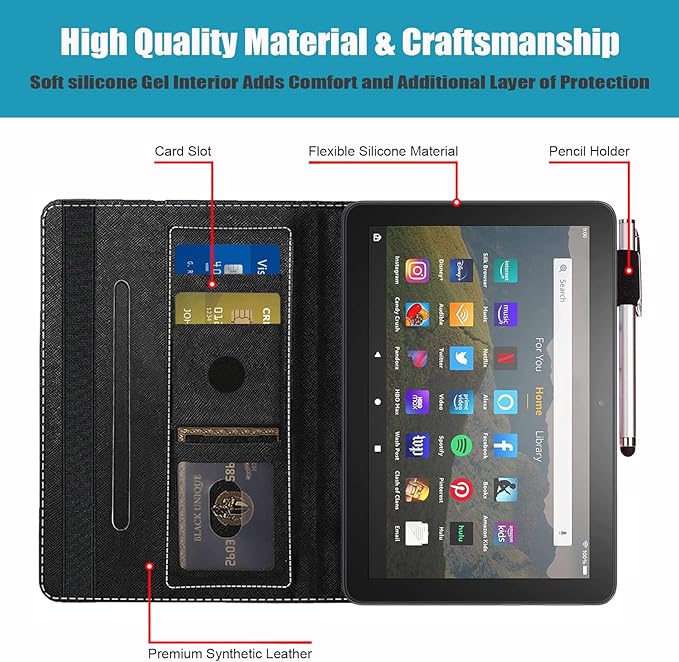 Case for Amazon Kindle Fire HD 8 &amp Fire HD 8 Plus Tablet (12th/10th Generation 2022/2020 Release) Premium PU Leather Stand Cover with Smart Auto Wake American Flag and Cross