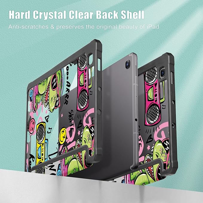 Mektron Case for Samsung Galaxy Tab S6 Lite 10.4 Inch 2024/2022/2020 with S Pen Holder Multi-Angle Viewing with Shockproof Cover Clear Shell + Trifold Stand + Auto Wake/Sleep Cool Dinosaur