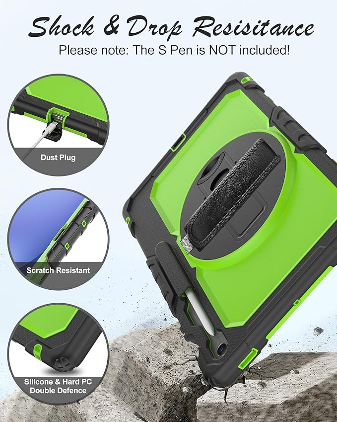 Case for Samsung Galaxy Tab S10 FE Plus 5G Tablet 13.1'' Shockproof Protective Cover with Tempered Glass Screen Protector Rotatable Kickstand S Pen Holder Hand/Shoulder Strap Green