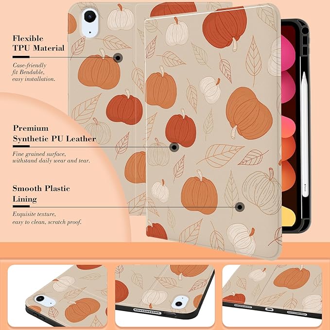 MAYCARI Fall Brown Leaves Pumpkins iPad Case for iPad 2022 10.9 Inch with Pencil Holder Handmade iPad 10th Generation Case Cover Autumn Fine Grained iPad Protecitve Hard Case with Auto Wake/Sleep