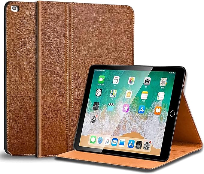 Gexmil Case for iPad 9.7 Inch6th/5th Generation(2018/2017)-iPad Air 2/1 Gen. Genuine Leather Cover Anti Fingerprint/SlipCowhide Folio Cover Auto Sleep/Wake with Adjustable StandBrown