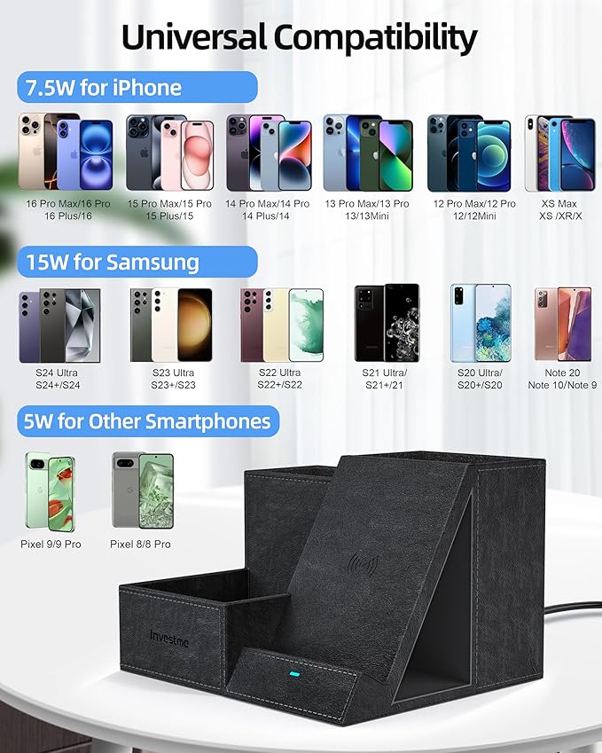 Wireless Charger with Desk Organizer Pen Pencil Holder Multifunctional Desktop Organizer Office Supplies and Desk Accessories Organizer with 3 Compartments and 1 Phone Stand PU Black