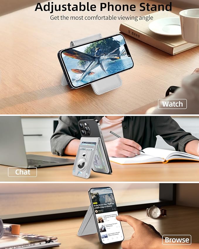 For Magsafe Wallet Stand with Airtag Holder Strongest Magnetic Wallet for iPhone 17/16/15/14/13/12 Series ID Window 4 Card Slots 10 Cards Holder Vegan Leather RFID Blocking Light Gray