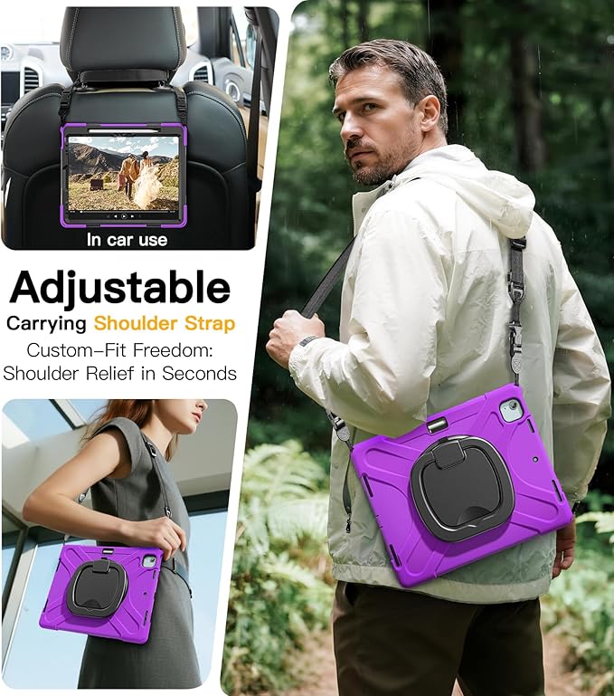 BRAECN Case for iPad Air 13 Inch M4 2026/M3 2025/M2 2024 &amp iPad Pro 12.9 6th/5th/4th/3rd Gen: Military Grade Silicone Protective Cover with Pencil Holder Kickstand Handle Shoulder Strap Purple