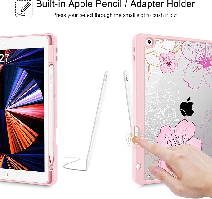 Case for iPad 9th/ 8th/ 7th Generation 10.2-Inch Case(2021/2020/2019 Release) [Built in Pencil Holder] Trifold Stand Auto Wake/Sleep Clear TPU Protection Back Cover Flowers Illustration