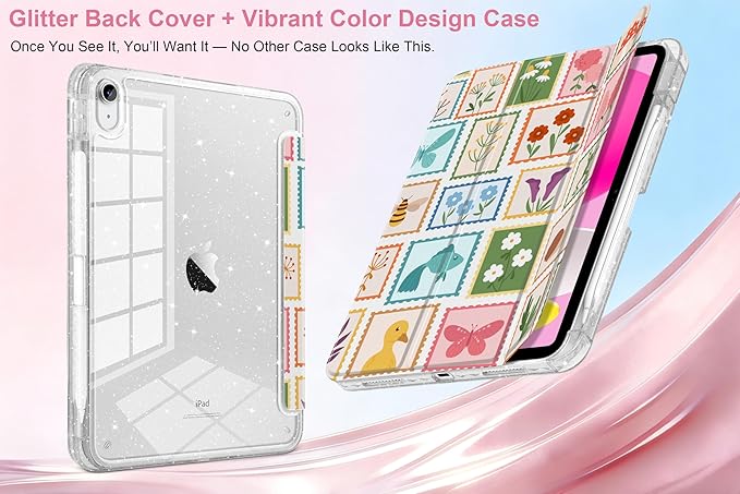 MEEgoodo Case for iPad A16 11th Generation 2025/10th Generation 2022 Glitter Tablet Cases with Transparent Acrylic Back+Trifold Stand +Pencil Holder+Auto Wake/SleepPost Stamps with Natura