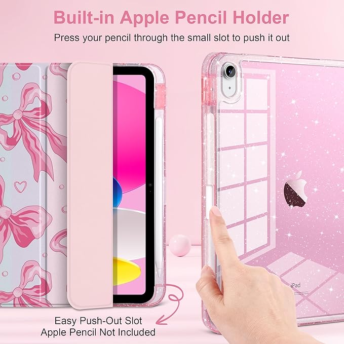 MEEgoodo Case for iPad A16 11th Generation 2025/10th Generation 2022 Glitter Tablet Cases with Transparent Acrylic Back+Trifold Stand +Pencil Holder+Auto Wake/SleepPink Bow &amp Rainbow Striped