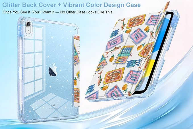 MEEgoodo Case for iPad A16 11th Generation 2025/10th Generation 2022 Glitter Tablet Cases with Transparent Acrylic Back+Trifold Stand +Pencil Holder+Auto Wake/SleepColorful Sardines Fish