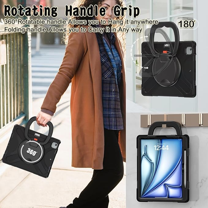 MEEgoodo Case for iPad Air 13 inch 2025 (M3) /2024 (M2) &amp iPad Pro 12.9 Case 6th/5th/4th/3rd Generation 2022 2021 2020 2018 Tablet Cover with Pencil Holder/Rotating Stand/Shoulder Strap Black