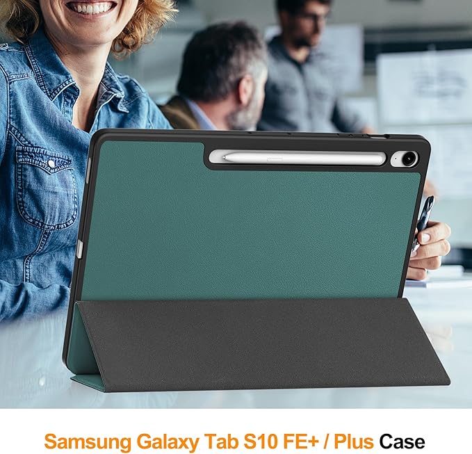 Case for Samsumg Galaxy Tab S10 FE+/S10 FE Plus 13.1 Inch 2025 (Model: SM-X620/SM-X626B) Trifold Stand Cover with S Pen Holder [Auto Wake/Sleep] PU Leather + Soft TPU Bumper Shell DarkGreen
